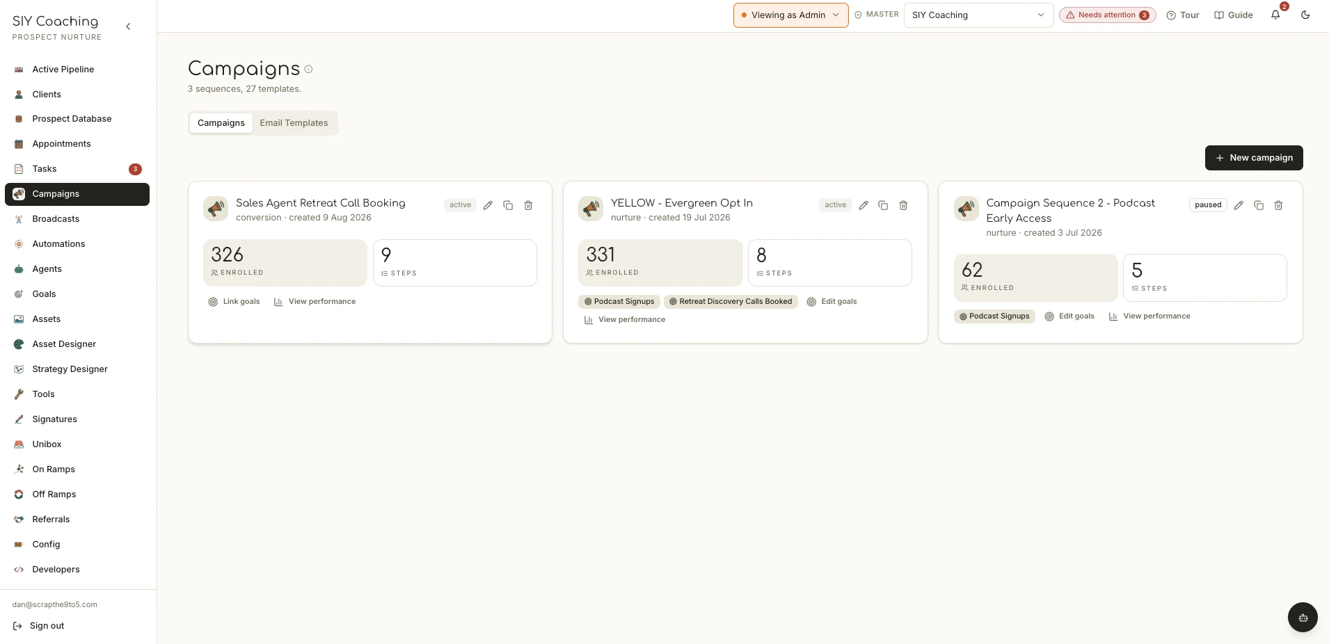 Your campaigns overview: each nurture sequence with real prospects enrolled and running