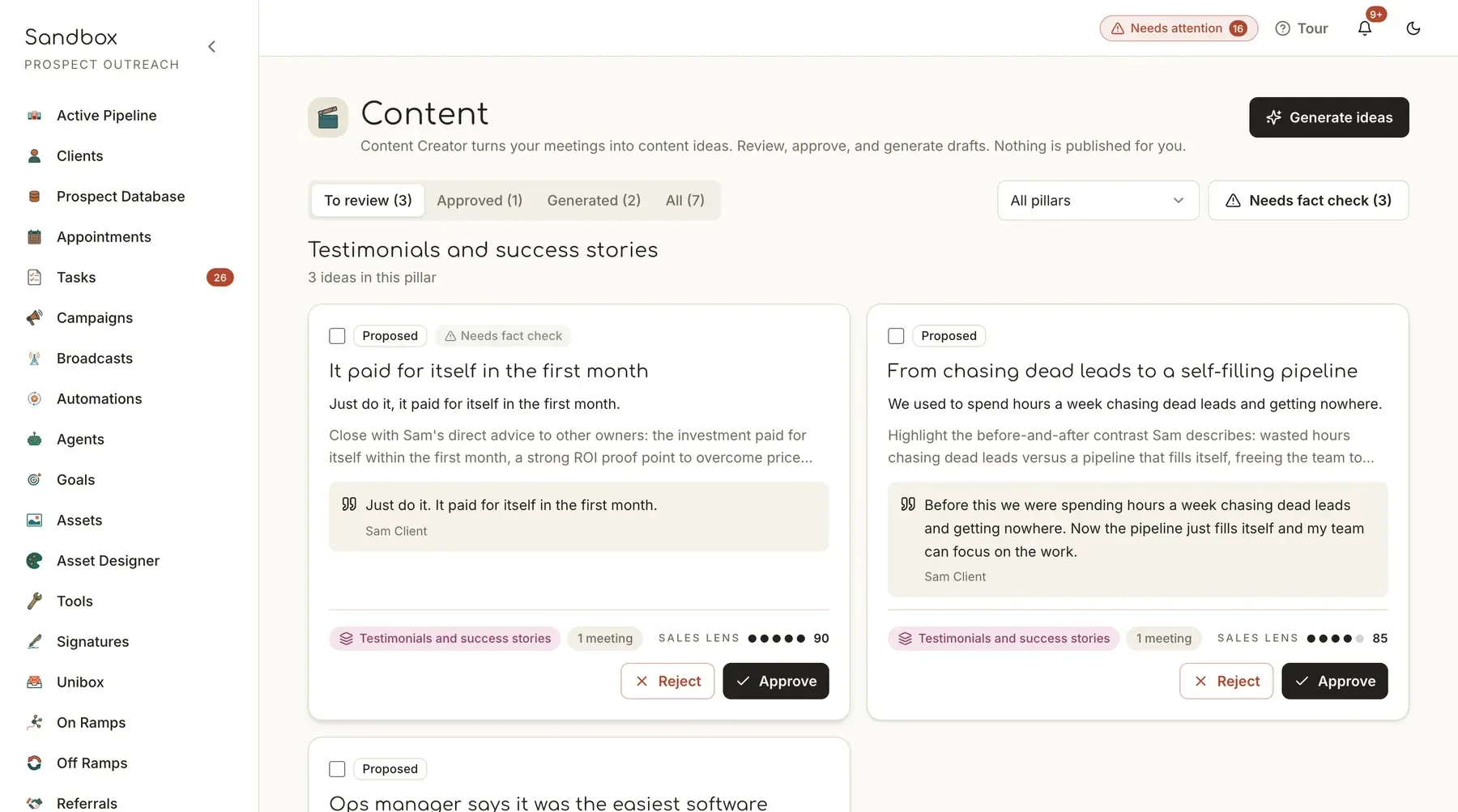 Content drafted from your calls in your voice, each idea sourced to a meeting, with a human approval step before anything goes out