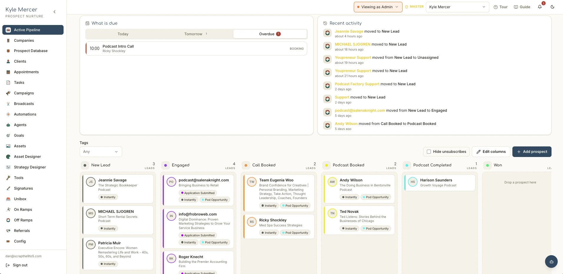 The Nurture pipeline: every prospect on one board, moving from new lead to engaged to call booked to won
